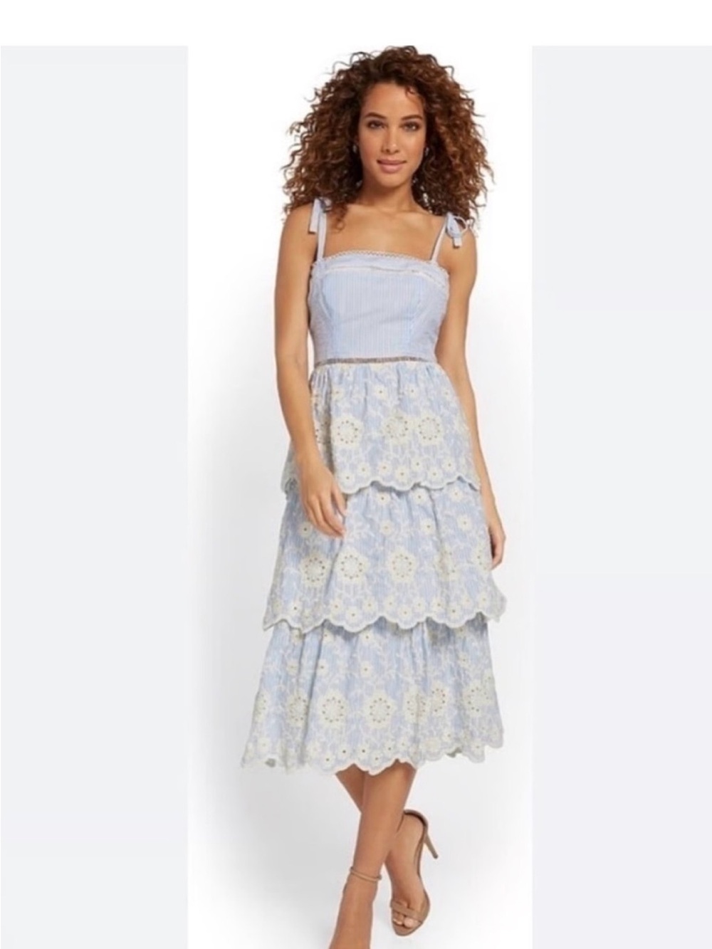 Just Me Light Blue Eyelet Tiered Midi Dress with Tie Straps